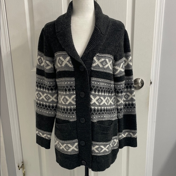 Fair Isle Charcoal & Lt Grey Cardigan Shawl Collar Button Front Pockets Sz M - Picture 2 of 13